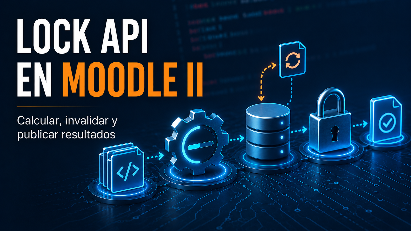 Portada de Lock API en Moodle II con un flujo de cálculo, invalidación y publicación de resultados.