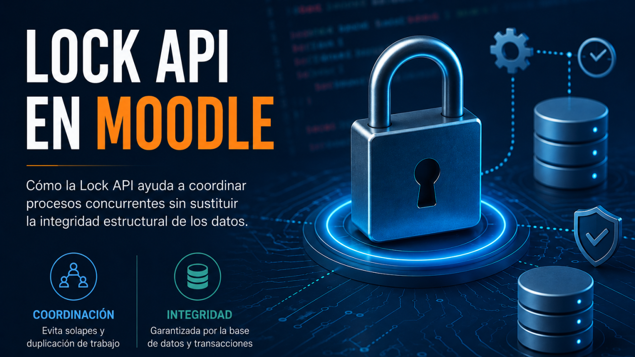 Portada de Lock API en Moodle con un candado y símbolos de coordinación de procesos e integridad de datos.