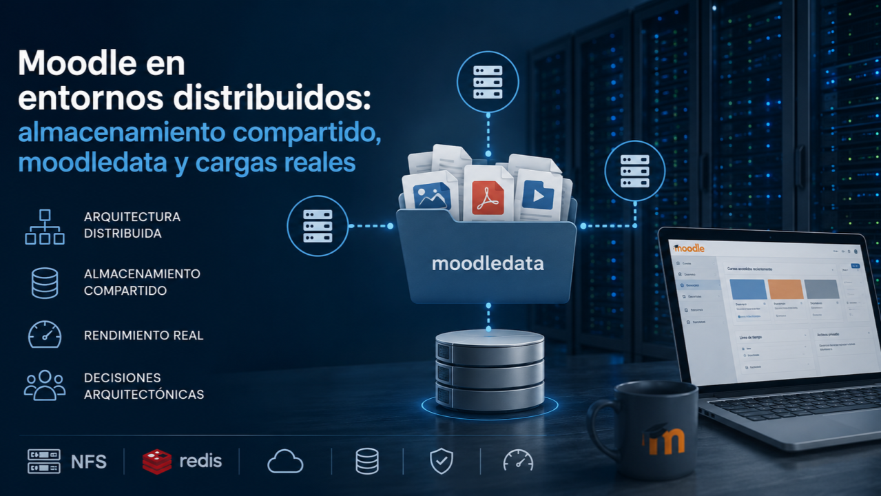 Portada con varios nodos Moodle conectados a moodledata, almacenamiento compartido y una base de datos.